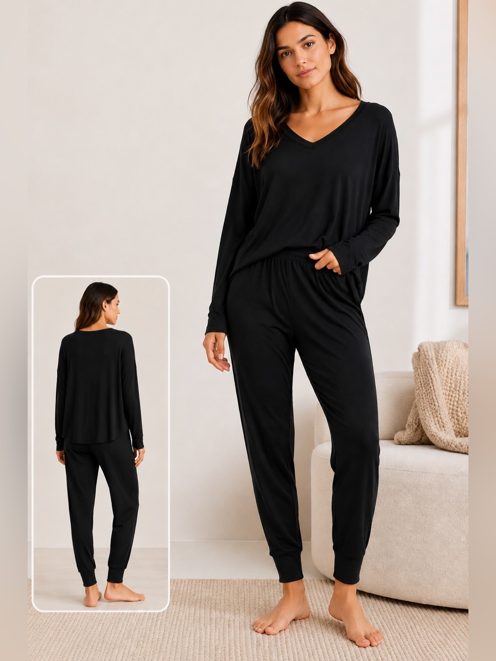 Nordstrom Black 2 Piece Lounge Set Women’s Size L Soft Knit Matching Set